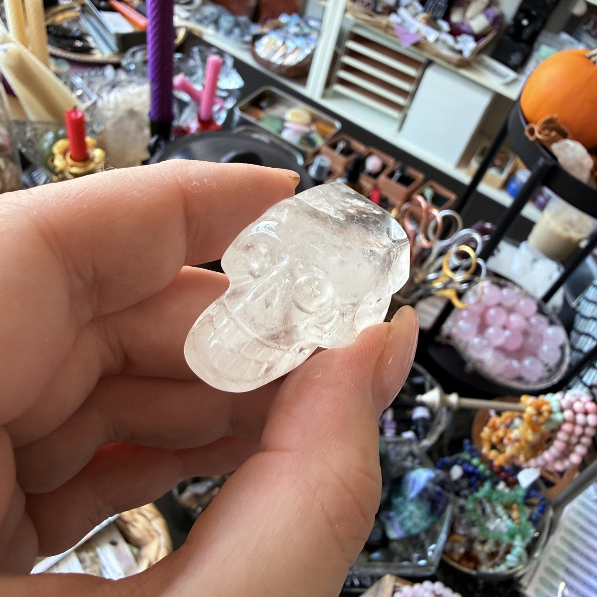 Clear Quartz - Skull Carving (Cloudy Veil)