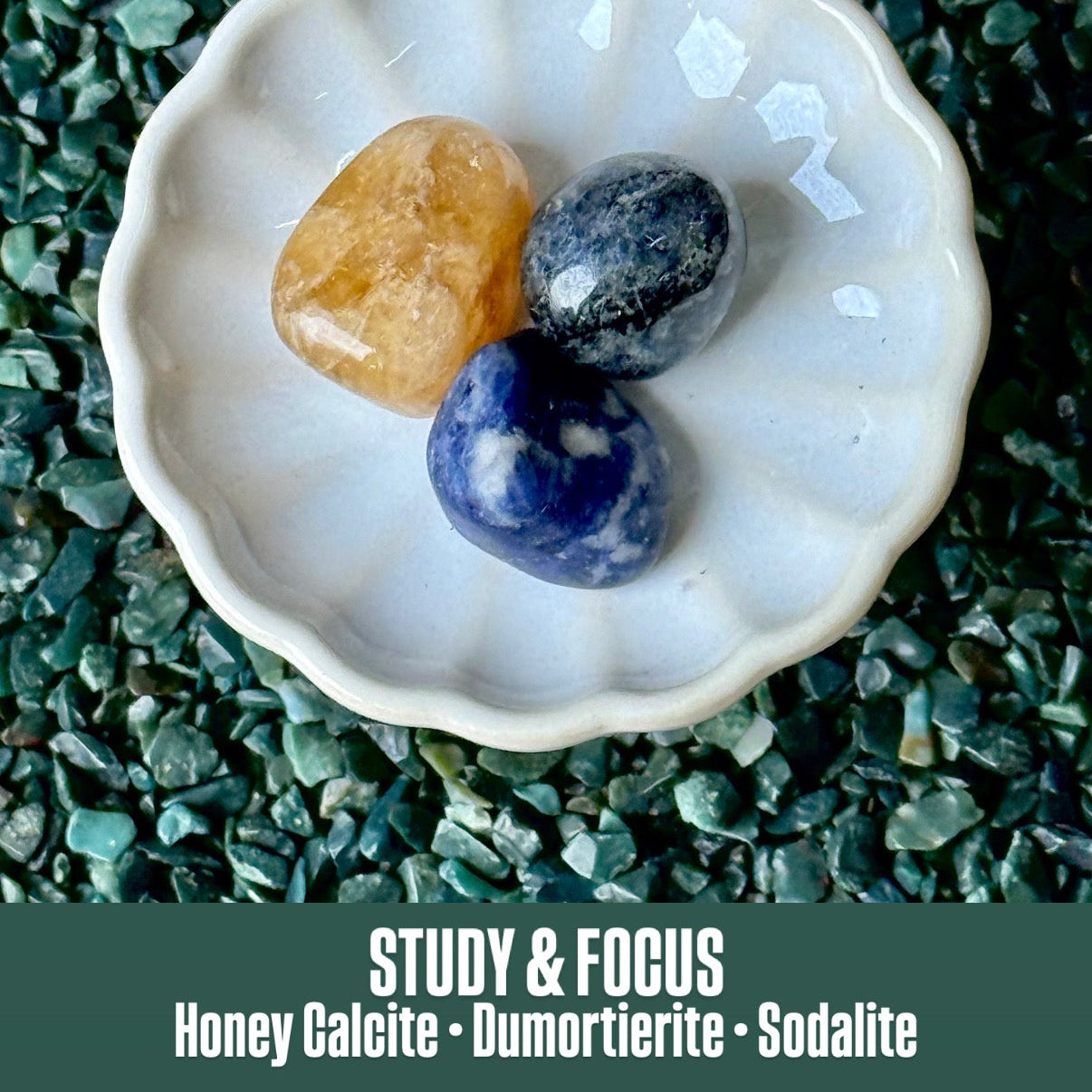 Three stones (honey calcite, dumortierite, sodalite) on a white dish with a green textured background.
