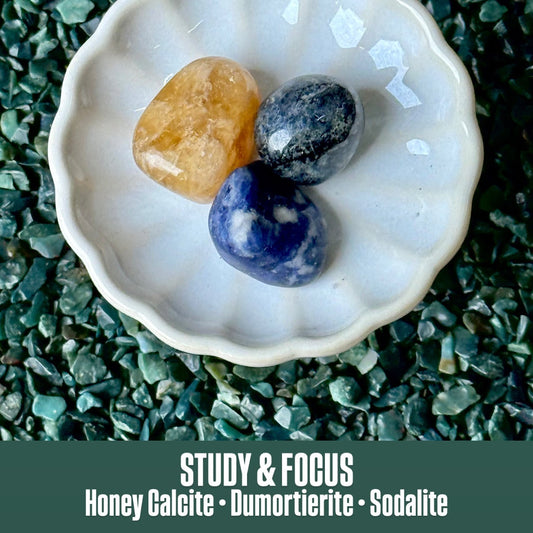 Three stones (honey calcite, dumortierite, sodalite) on a white dish with a green textured background.