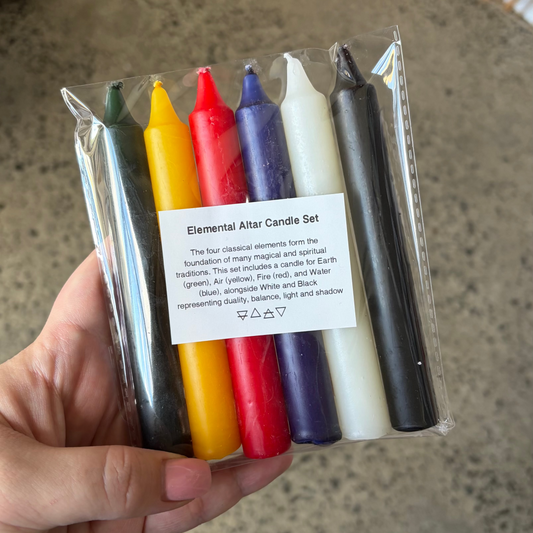 Set of colorful elemetal altar candles in a clear packaging held by a hand on a concrete floor.