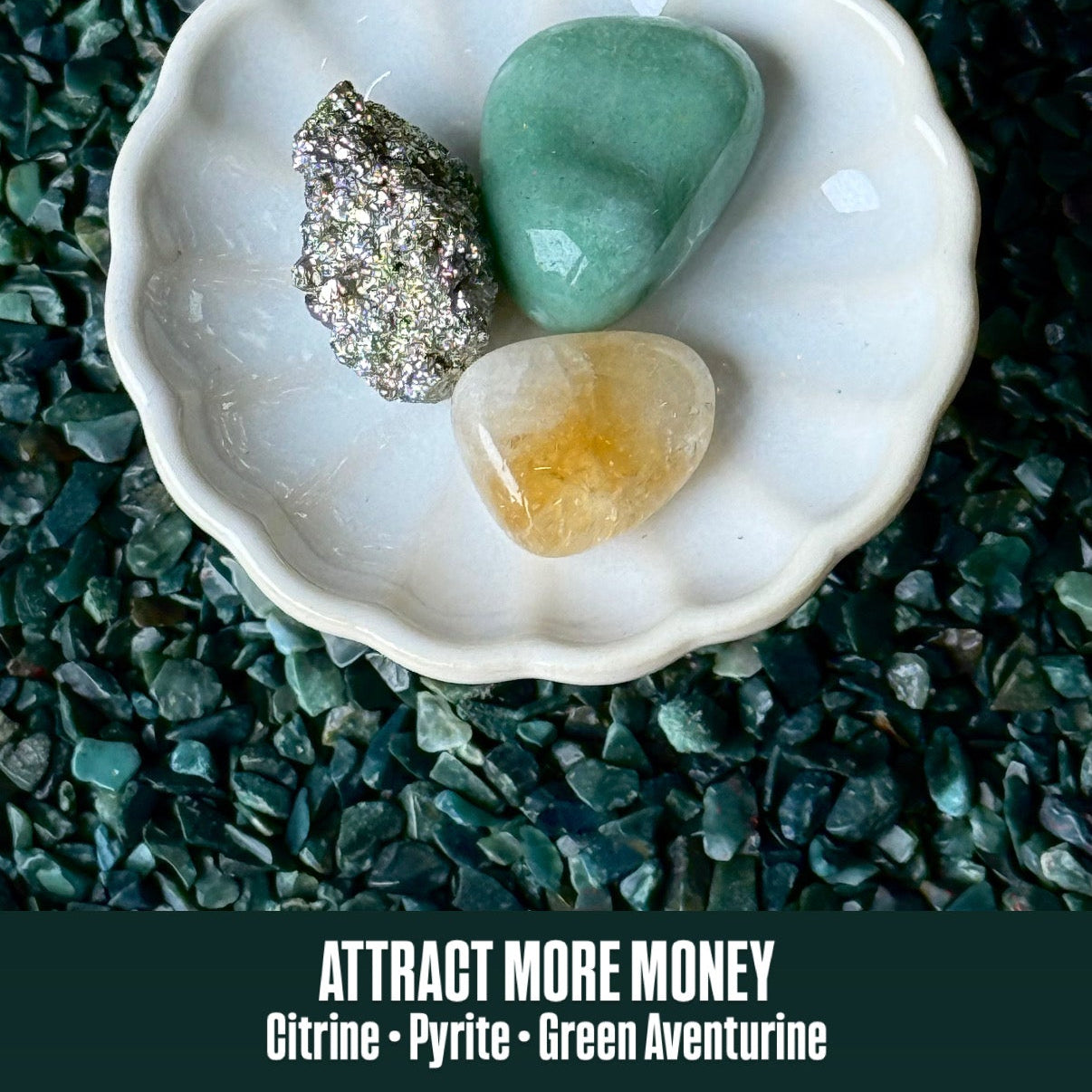 Three stones in a shell on a dark green textured background with text 'Attract More Money' and stone types listed.